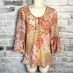 Vintage Y2K Reitmans Sheer Floral Bell Sleeve Boho Blouse Tunic Top